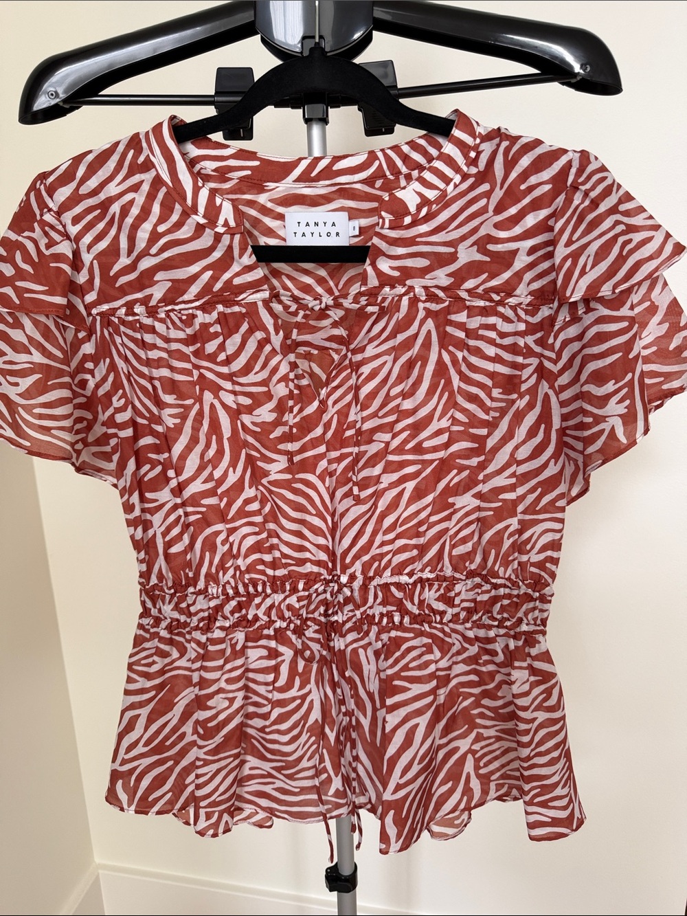 Tanya Taylor Rust and White Zebra-Print Flutter Sleeve Peplum Top